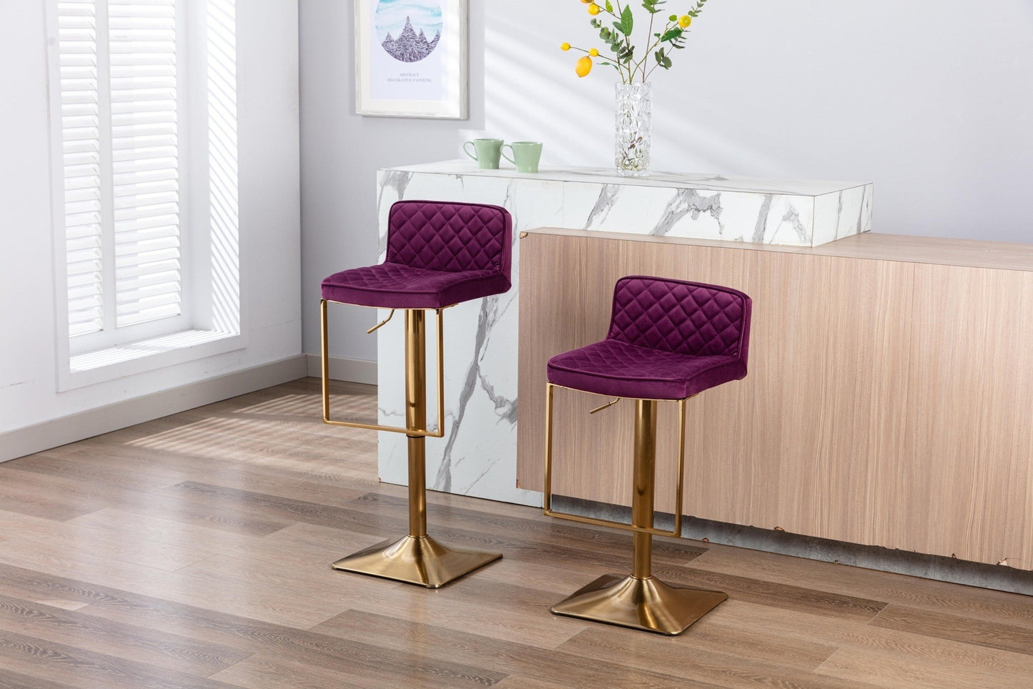 Modern Velvet Bar Stools with Footrest in Purple