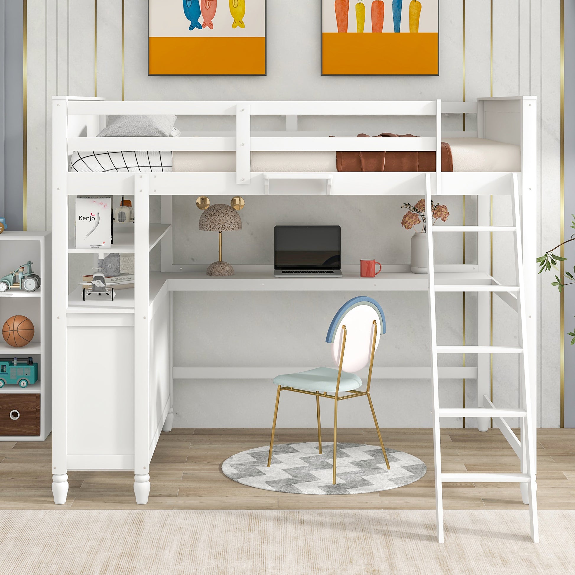 Full size Loft Bed with Drawers and Desk - White