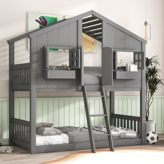 Inspirit Twin over Twin House Bunk Bed with Roof - Gray