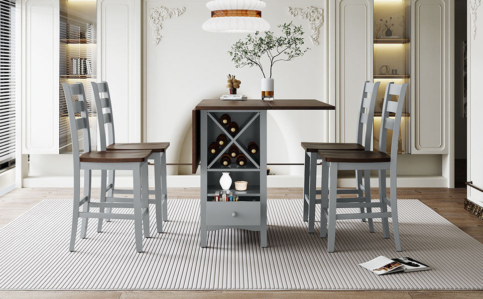 5 Piece Counter Height Farmhouse Dining Set in Gray & Cherry