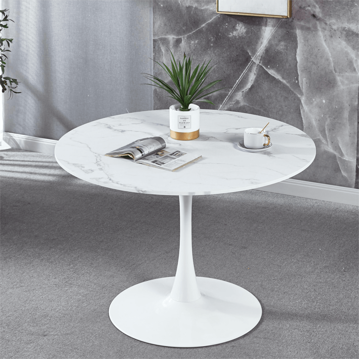 42.1" Modern White Faux Marble Tulip Table
