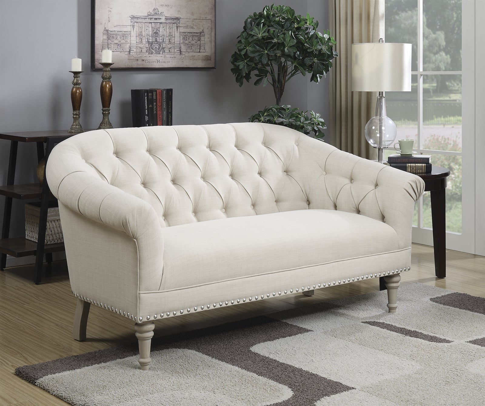 Heather Tufted Linen Settee with Turned Feet