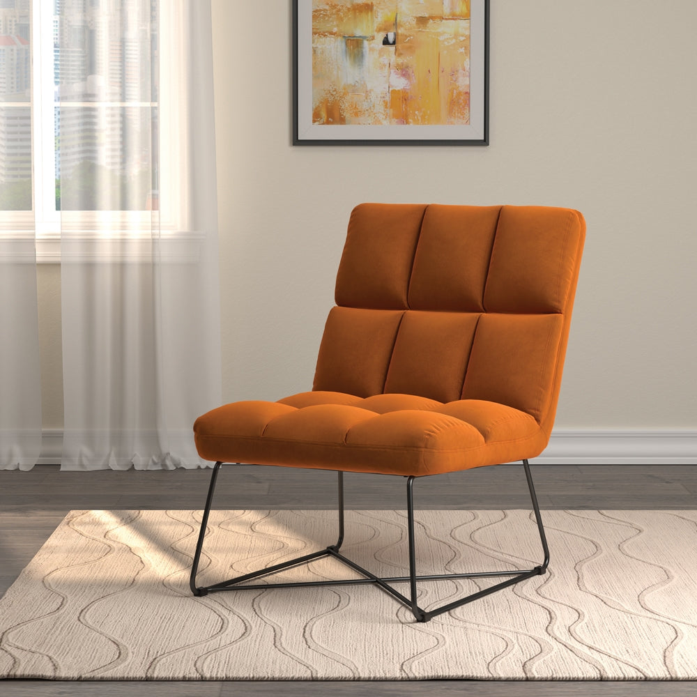 Tufted Velvet Accent Chair with Black Metal Base in Burnt Orange