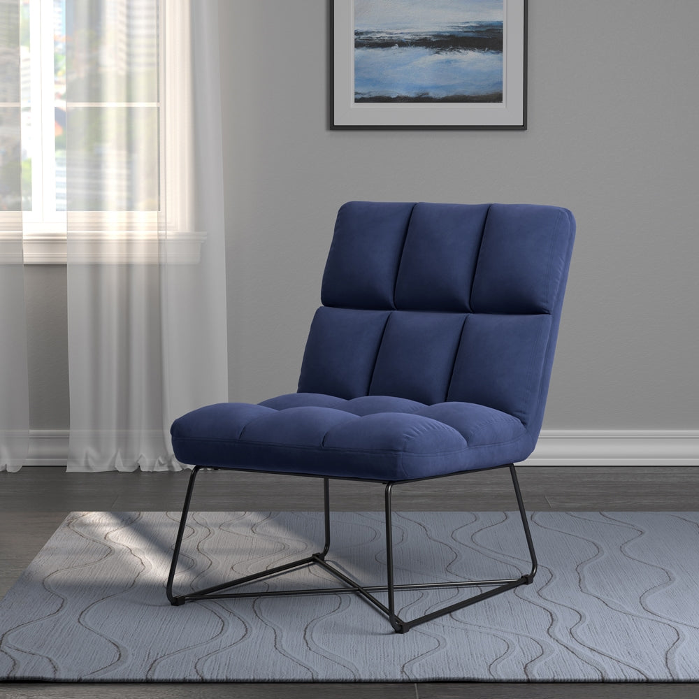 Tufted Velvet Accent Chair with Black Metal Base in Blue
