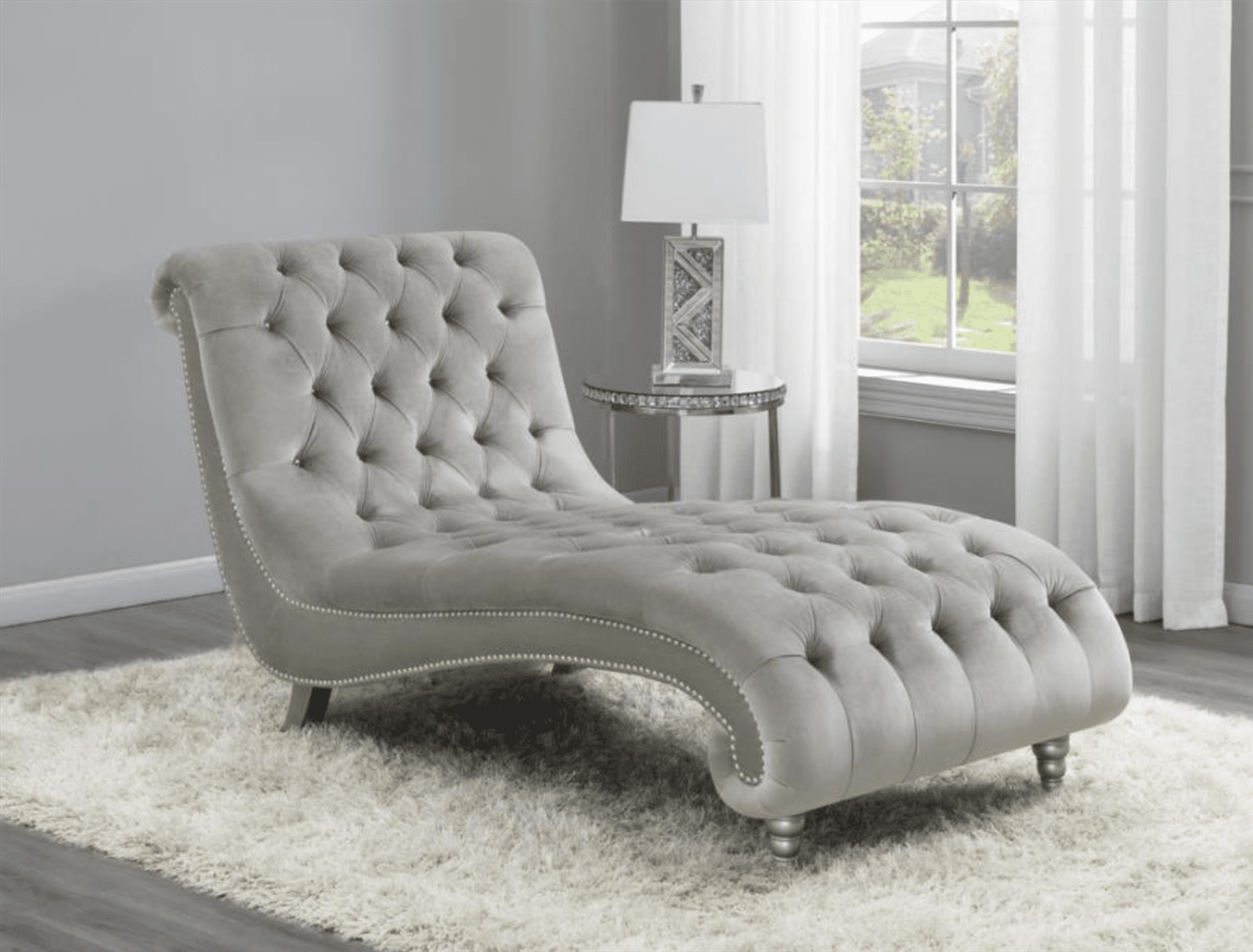 Ailah Light Grey Velvet Studded Chaise Lounge