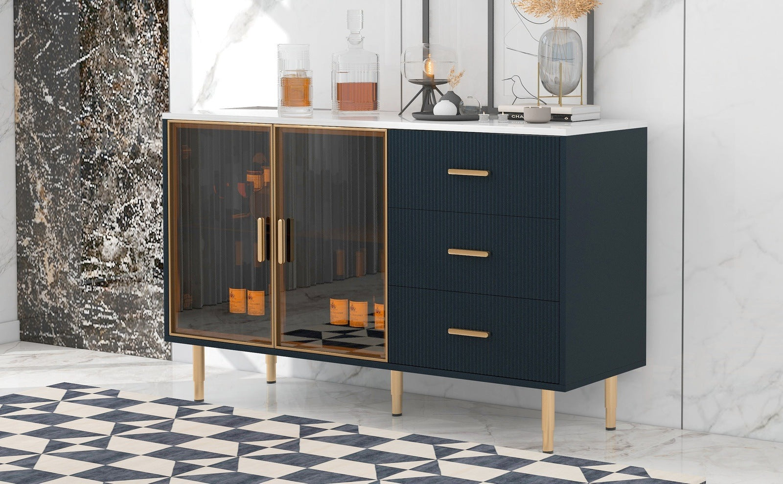 TREXM Modern Sideboard Cabinet Marble Sticker Tabletop and Amber-Yellow
