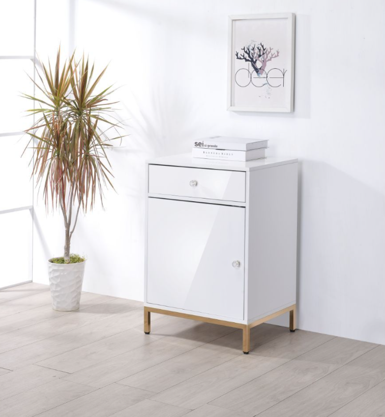 Ottey Cabinet in Glossy White & Gold - ACME 92543