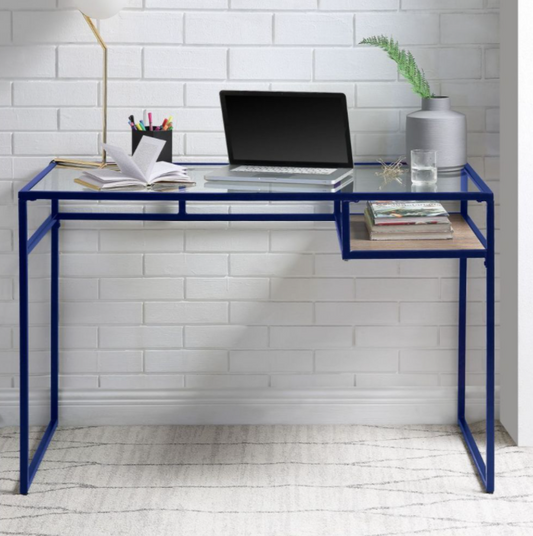 Yasin Metal Frame w- Glass Top Writing Desk - Blue