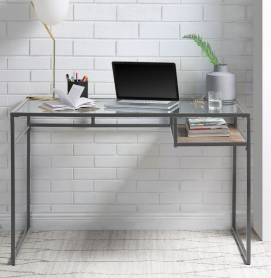 Yasin Metal Frame w- Glass Top Writing Desk - Gray
