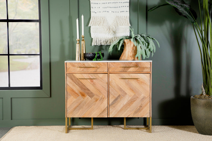 2-door Accent Cabinet with Marble Top Natural and Antique Gold