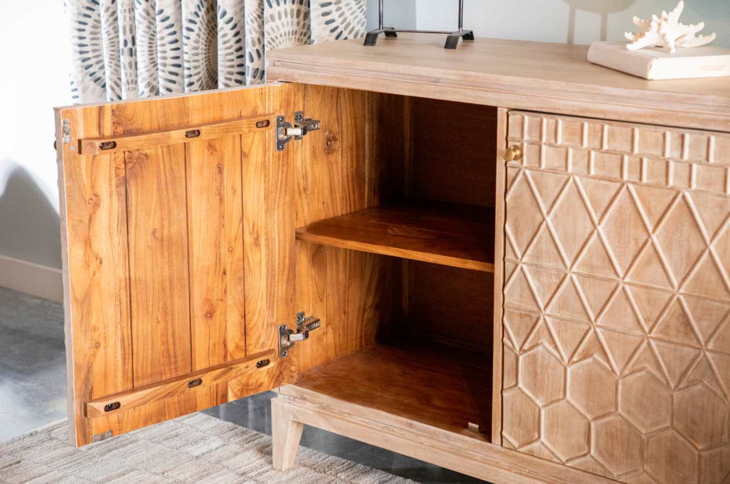 Eberto 2 Door Geometric Accent Cabinet White Distressed Finally