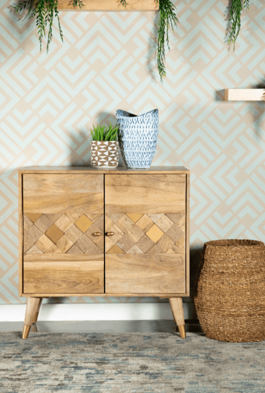Solid Mango Wood Checkered Pattern 2-Door Accent Cabinet Natural