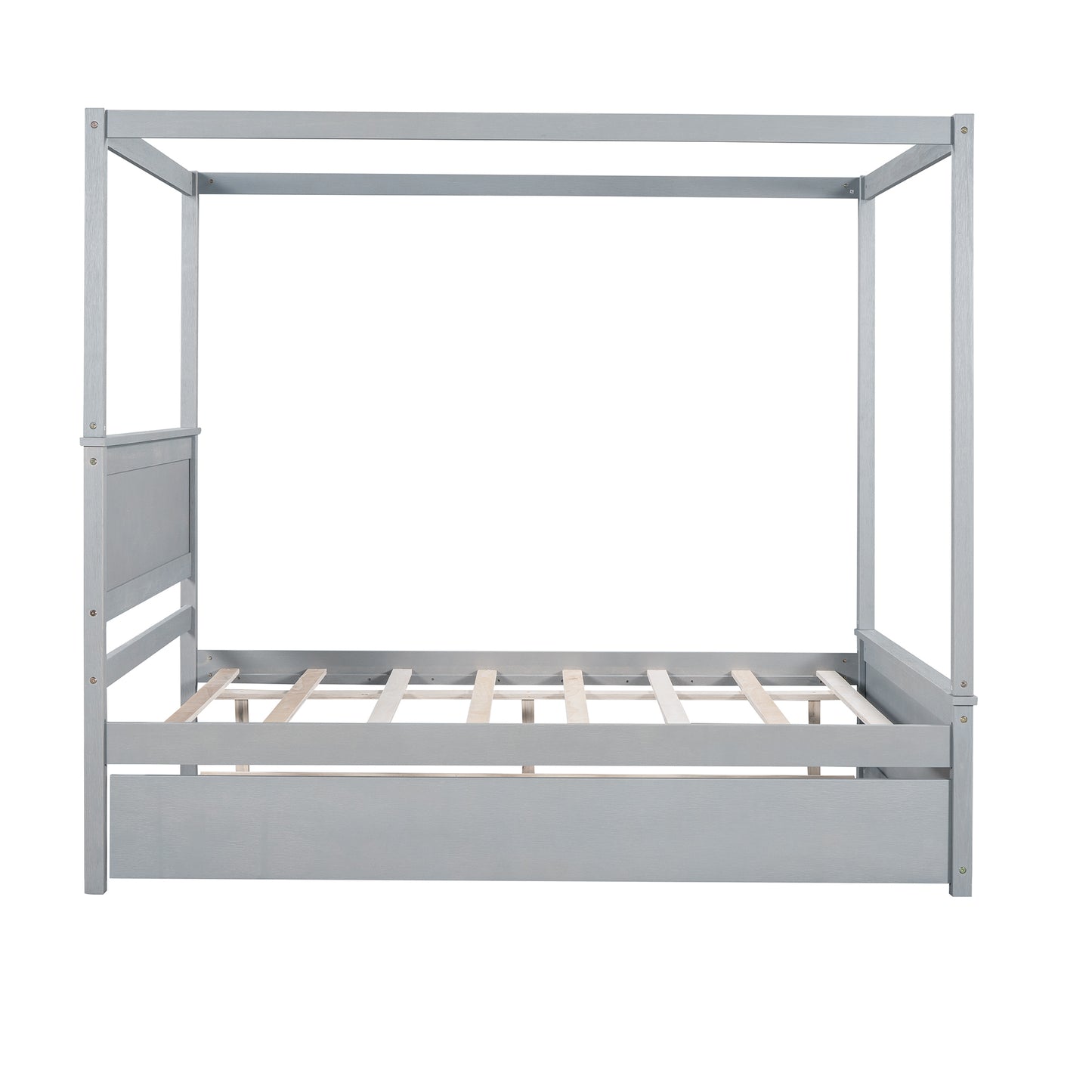 Full Size Wooden Canopy Bed with Trundle in Light Gray