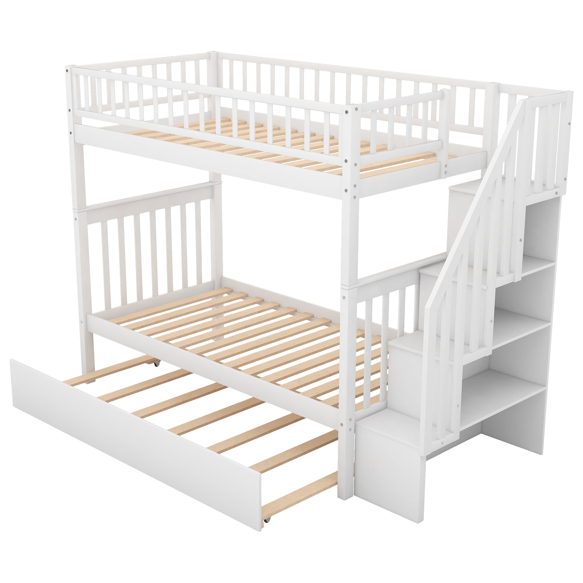 WM Store Twin over Twin Bunk Bed with Trundle and Storage, White