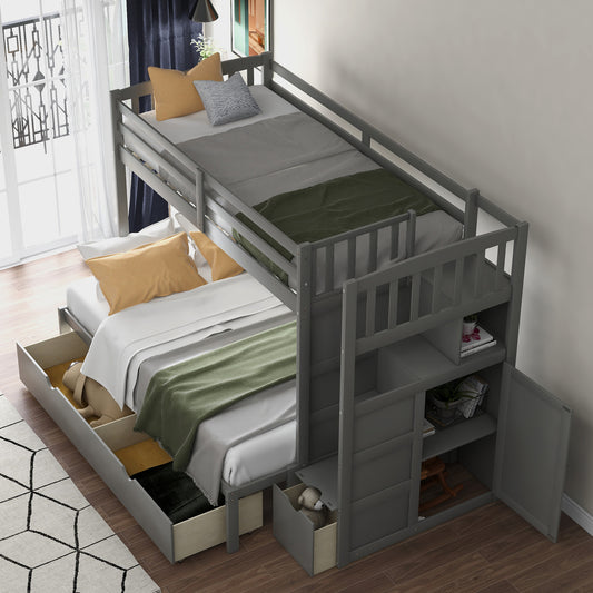 WM Store Twin over Full/Twin Bunk Bed, Convertible Bottom Bed, Storage Shelves and Drawers, Gray
