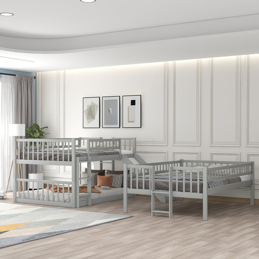 Homey Life Full-Over-Full-Over-Full Triple Bunk Bed with Built-in Ladder and Slide