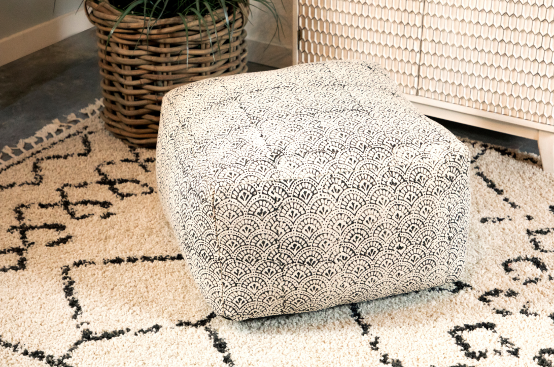 Square Upholstered Floor Pouf Cream And Black - Hand Crafted in India