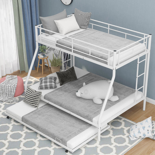 Twin over Full Metal Bunk Bed with Twin Trundle in White