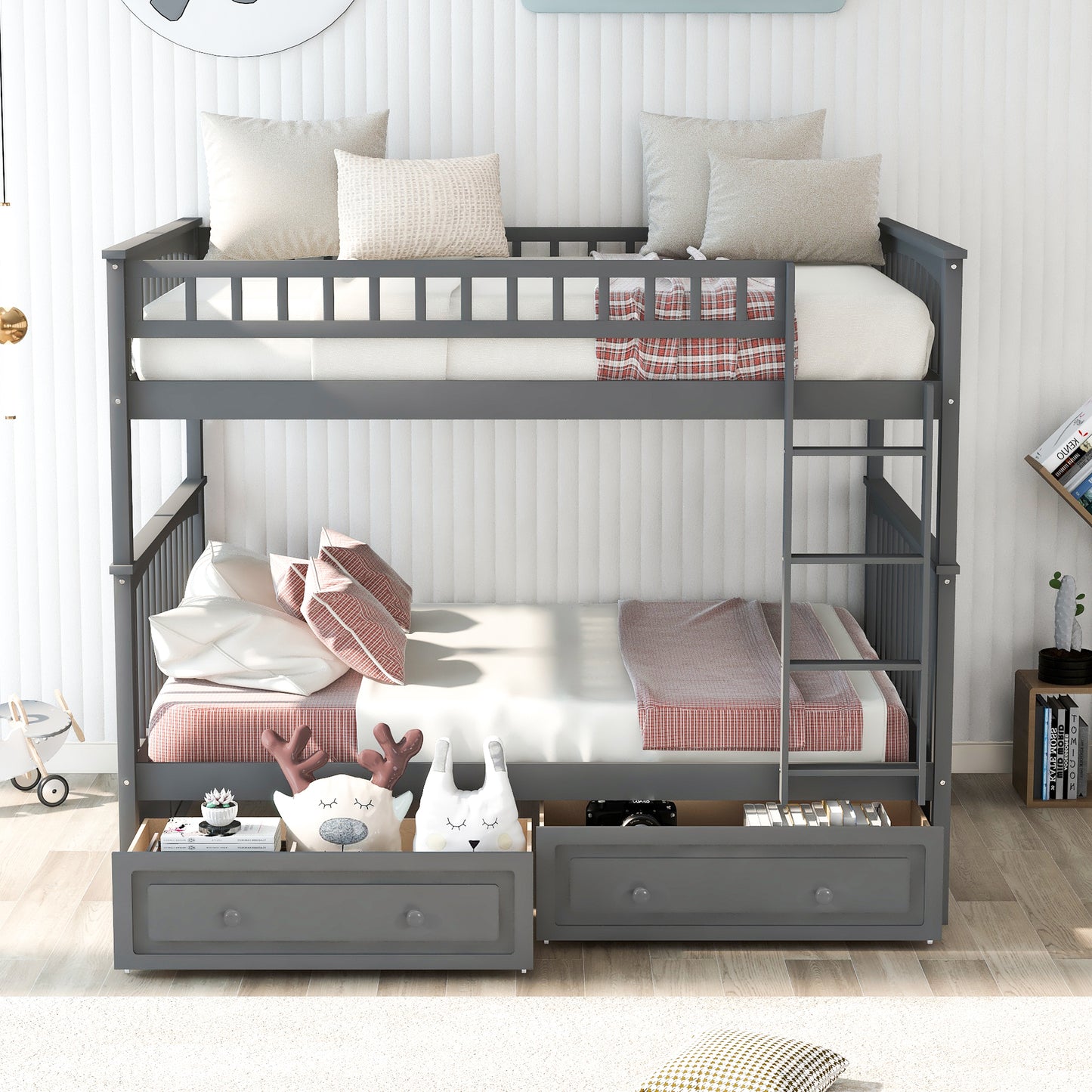 Full over Full Bunk Bed with Drawers, Convertible Beds, Gray