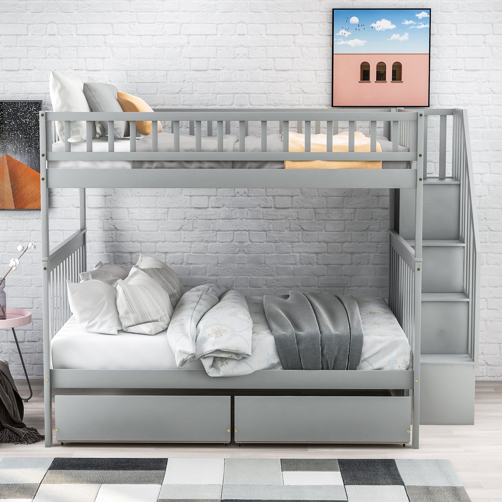 WM Store Full over Full Bunk Bed with Two Drawers and Storage, Gray