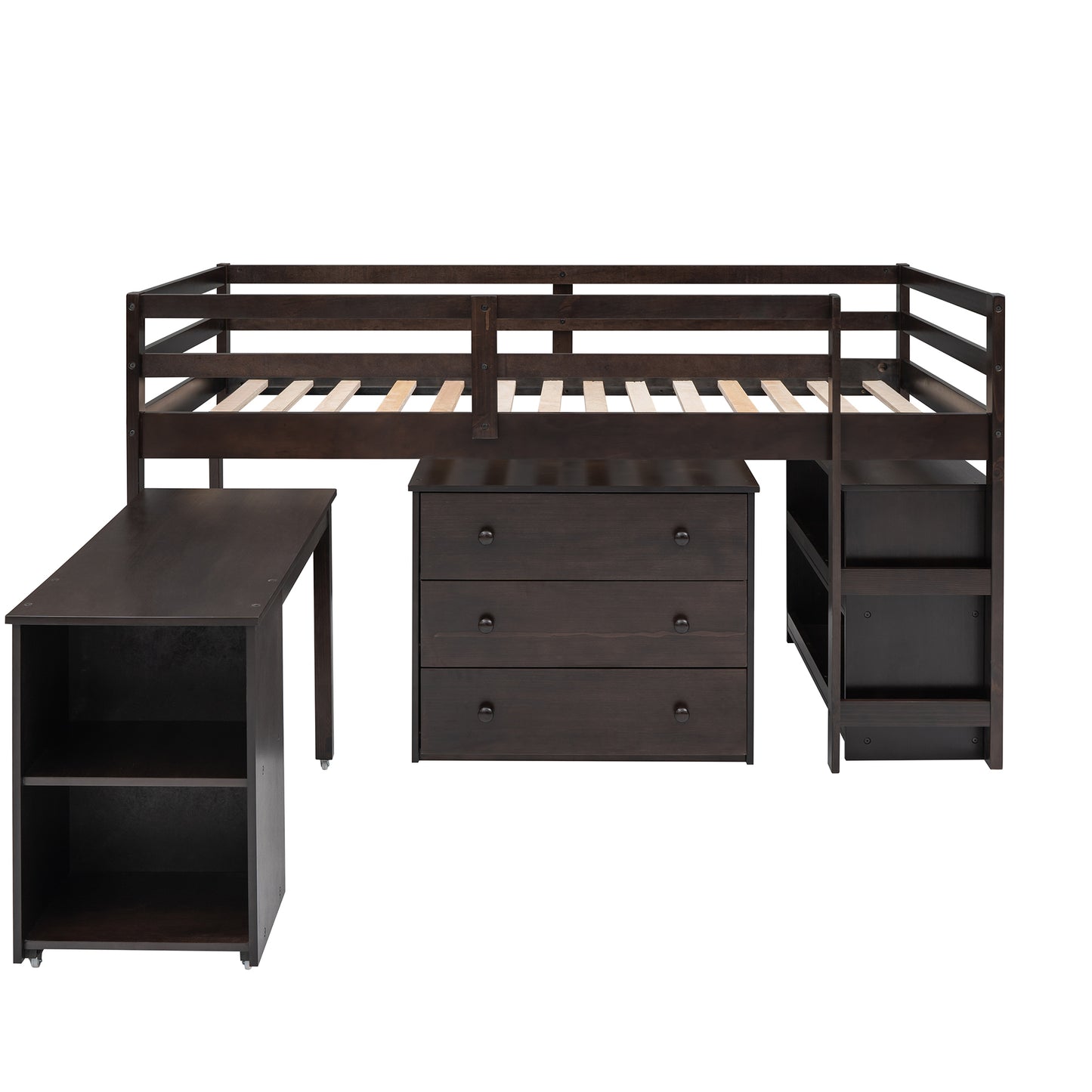 Low Study Twin Loft Bed with Cabinet and Rolling Portable Desk - Espresso