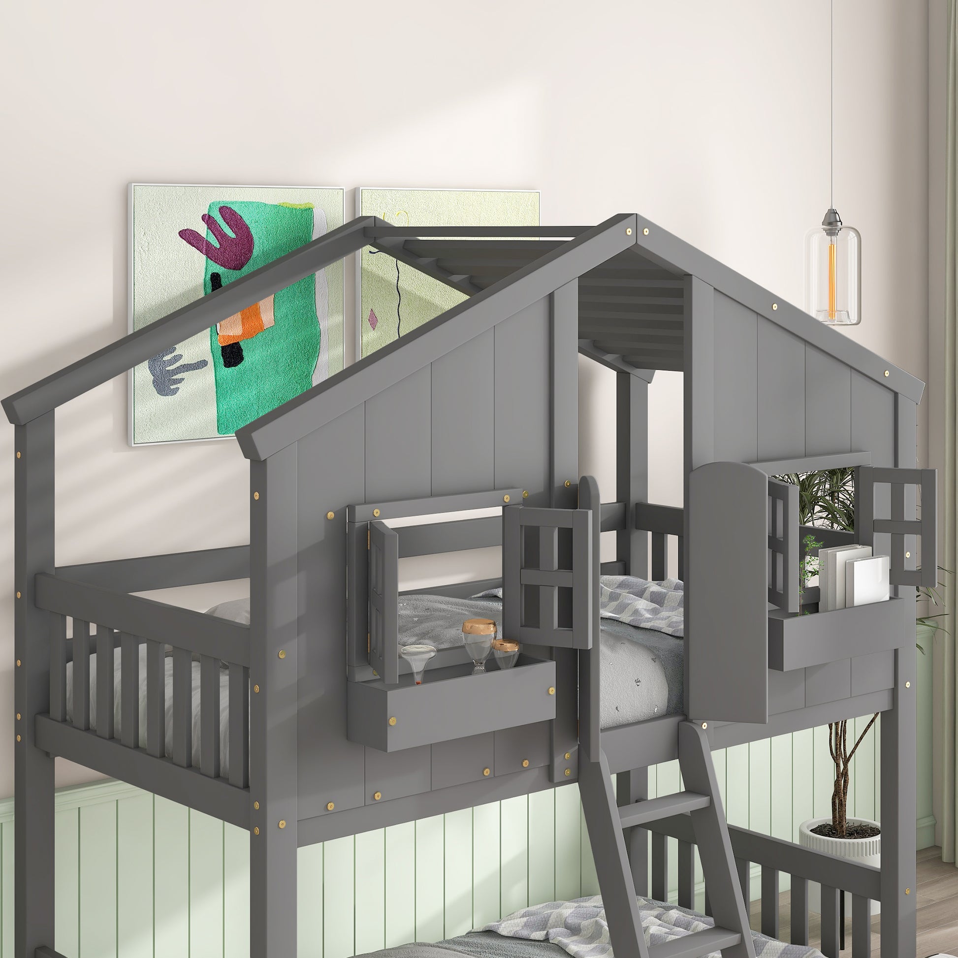Inspirit Twin over Twin House Bunk Bed with Roof - Gray