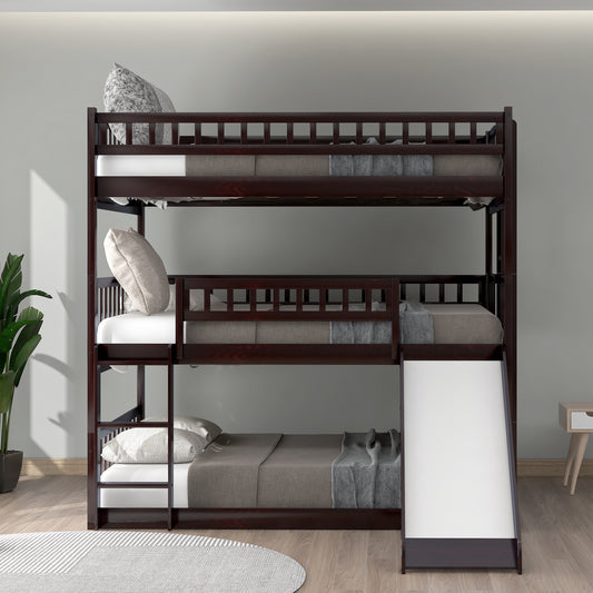 Full-Over-Full-Over-Full Triple Bunk Bed with Built-in Ladder and Slide