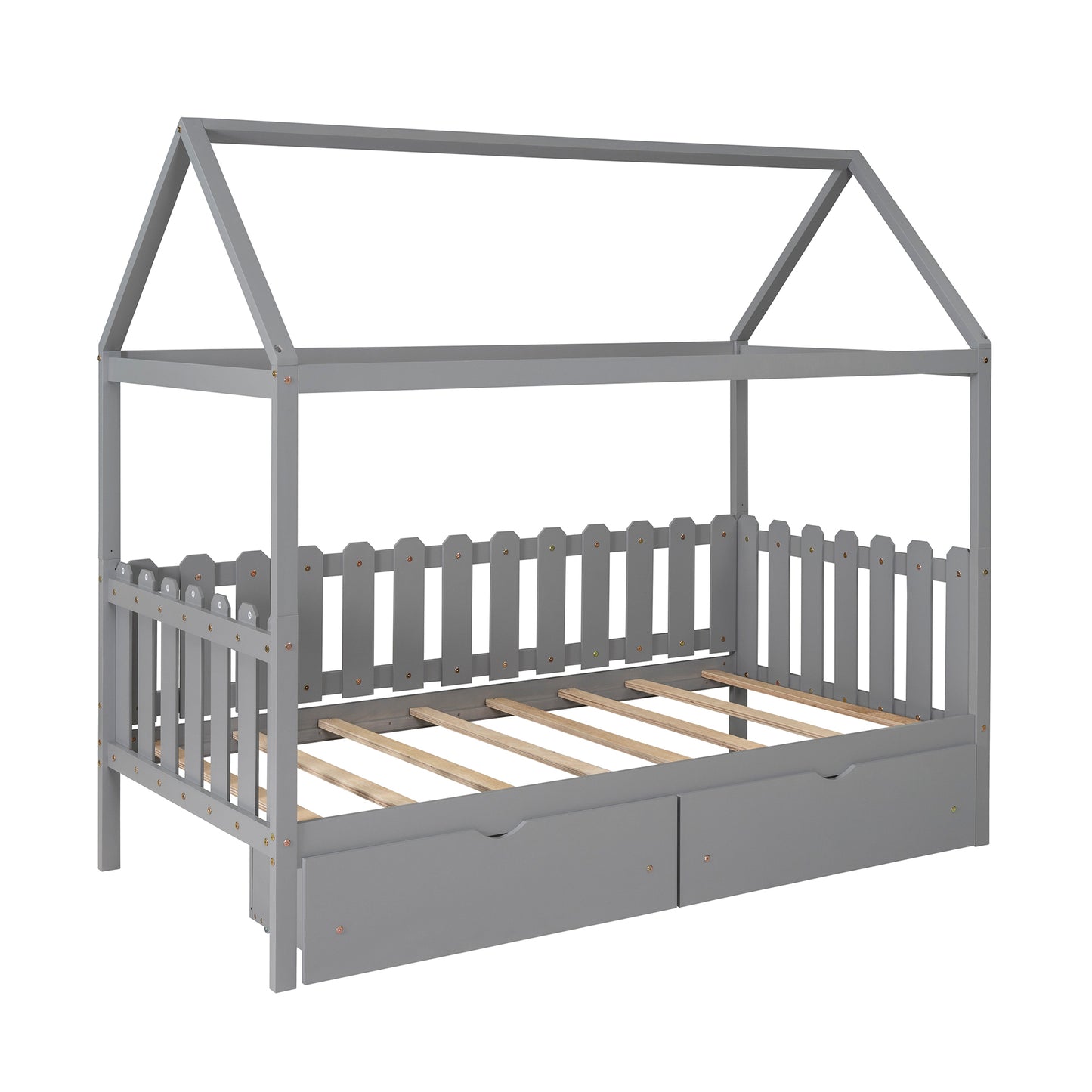Twin Size House Bed with drawers, Fence-shaped Guardrail, Gray