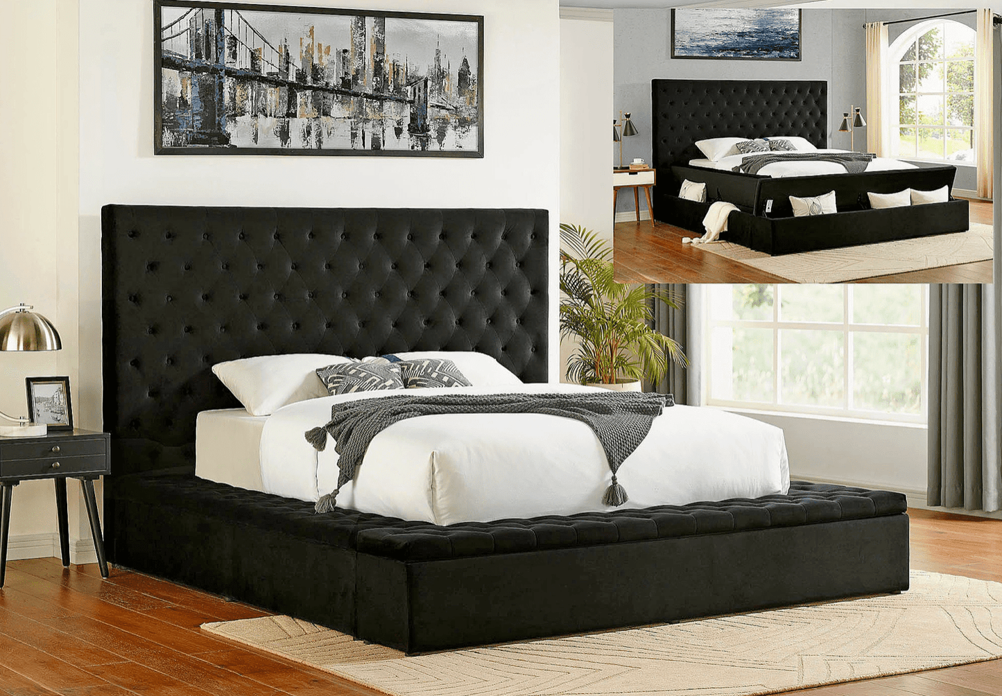 Teagan Black Upholstered King Storage Bed