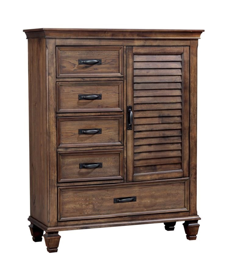 Franco Burnished Oak 5 Drawer Chest With Louvered Panel Door