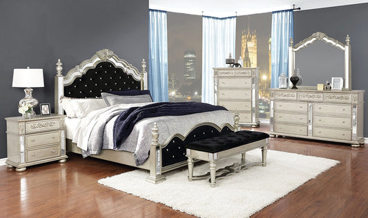 Dania Euro Glam Style Mirrored Queen Poster Bed w- Black Velvet Upholstered Headboard