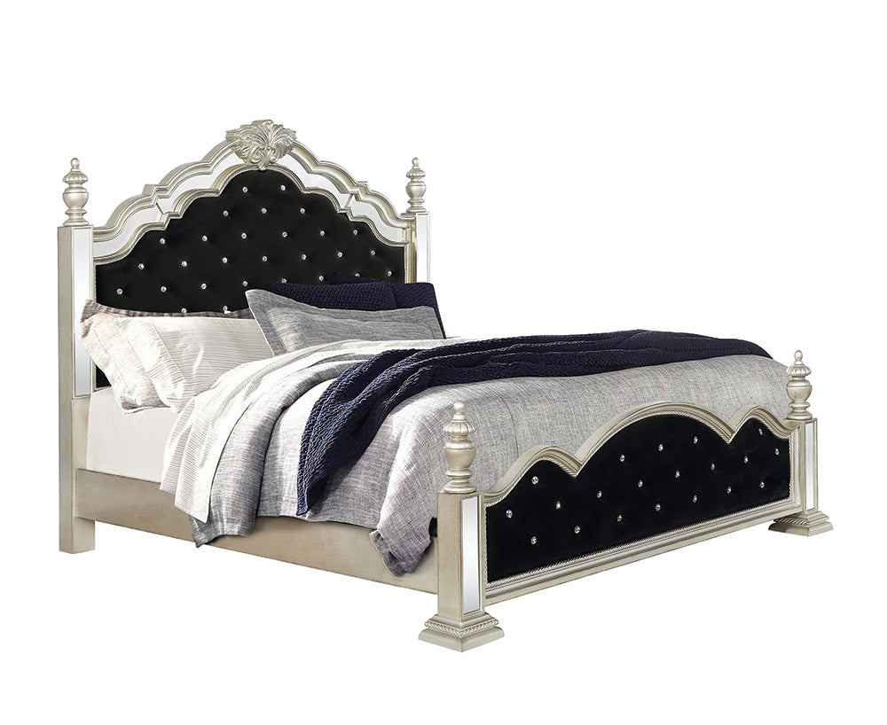 Dania Euro Glam Style Mirrored Queen Poster Bed w- Black Velvet Upholstered Headboard