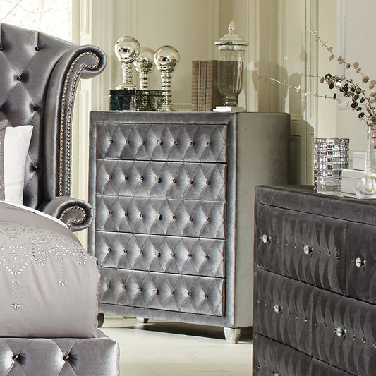 Cerci LuX Grey Velvet Chest with Acrylic Knobs & Carved Silver Feet