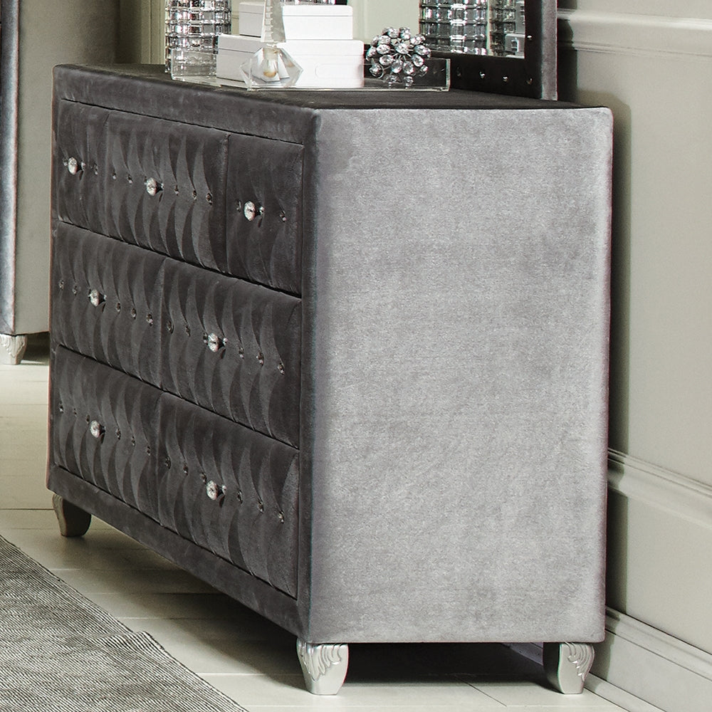 Cerci LuX Grey Velvet Dresser with Acrylic Knobs & Carved Silver Feet