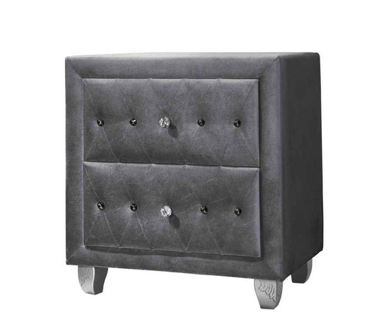 Cerci LuX Grey Velvet Nightstand with Acrylic Knobs & Carved Silver Feet