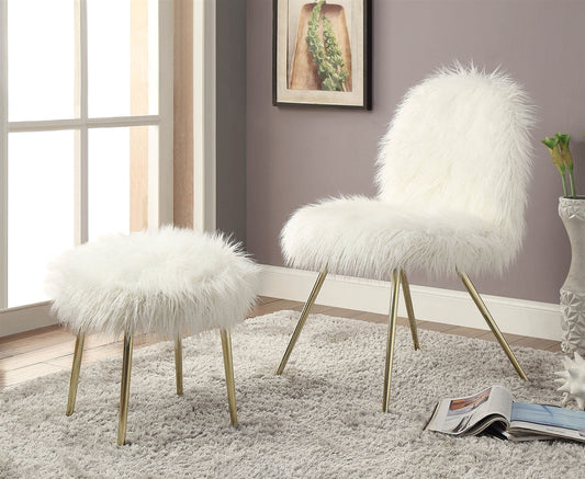 Caoimhe White Faux Fur w- Gold Leg Accent Chair & Ottoman Set