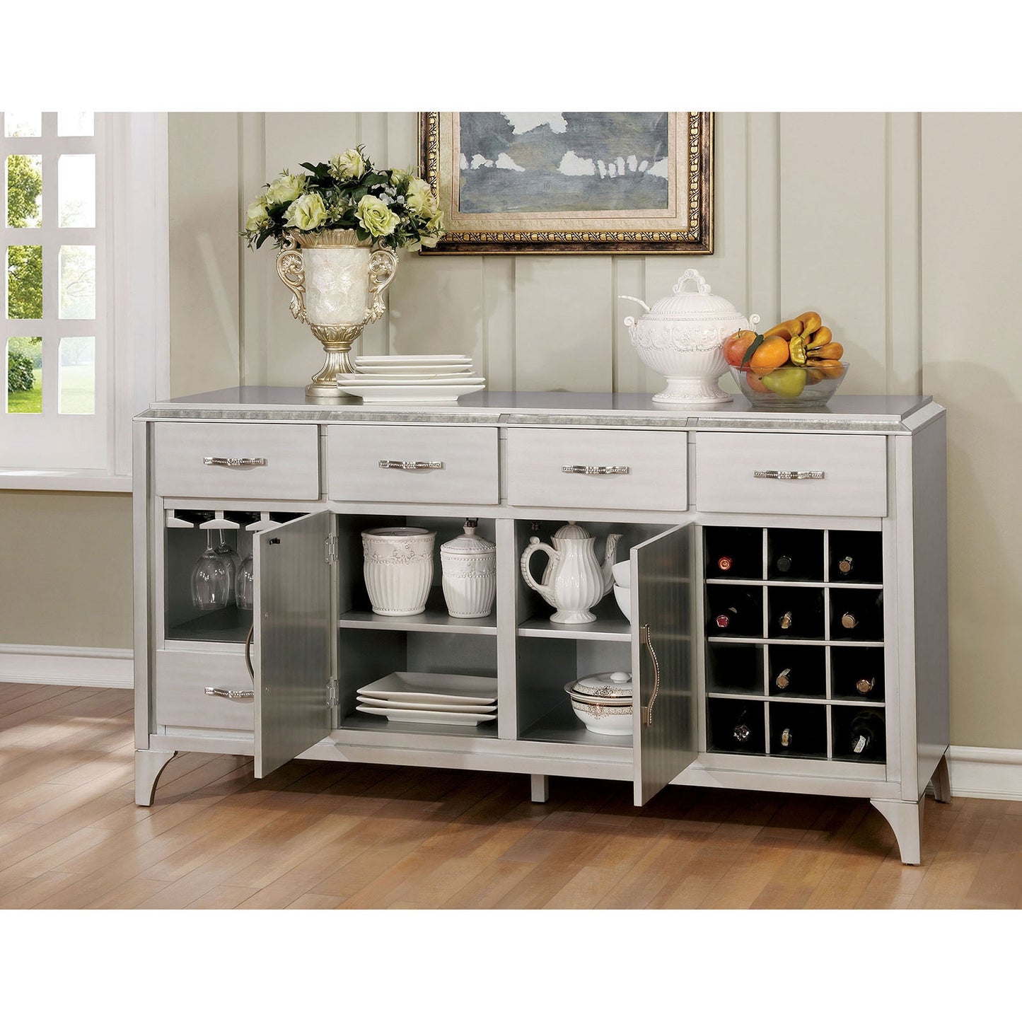 Diocles Glam Style Silver Finish Server w- Mirror Accents