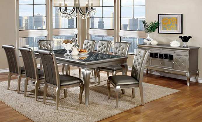 Amina Transitional Glam 7 Piece Dining Set w- Leaf in Champagne