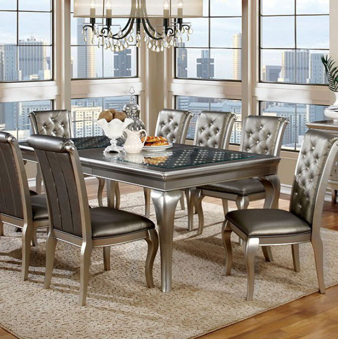 Amina Transitional Glam 7 Piece Dining Set w- Leaf in Champagne
