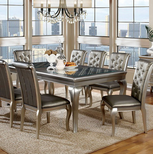 Amina Transitional Glam 7 Piece Dining Set w- Leaf in Champagne