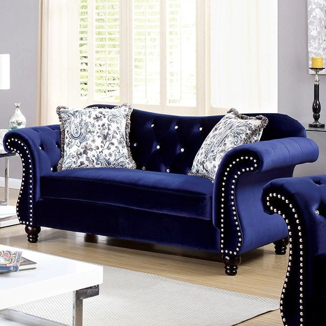 Jolanda Plush Blue Button Tufted Sofa