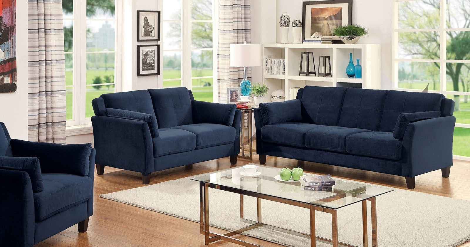 Ysabel Transitional Style Navy Blue Upholstered Sofa & Loveseat Set