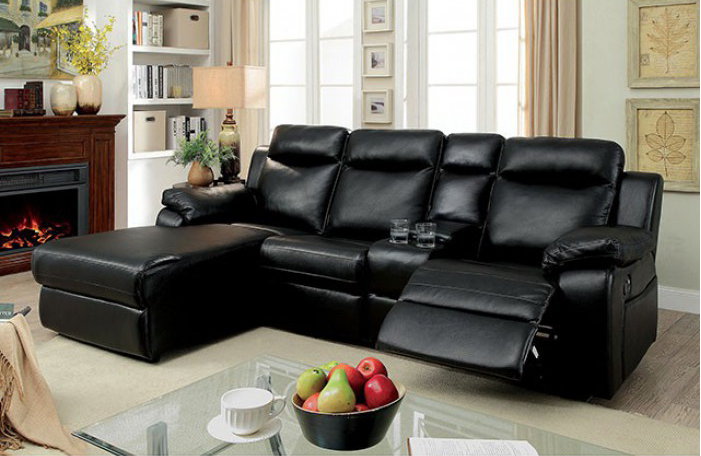 Hardy Black Leatherette Reclining Sectional W- Push Back Chaise