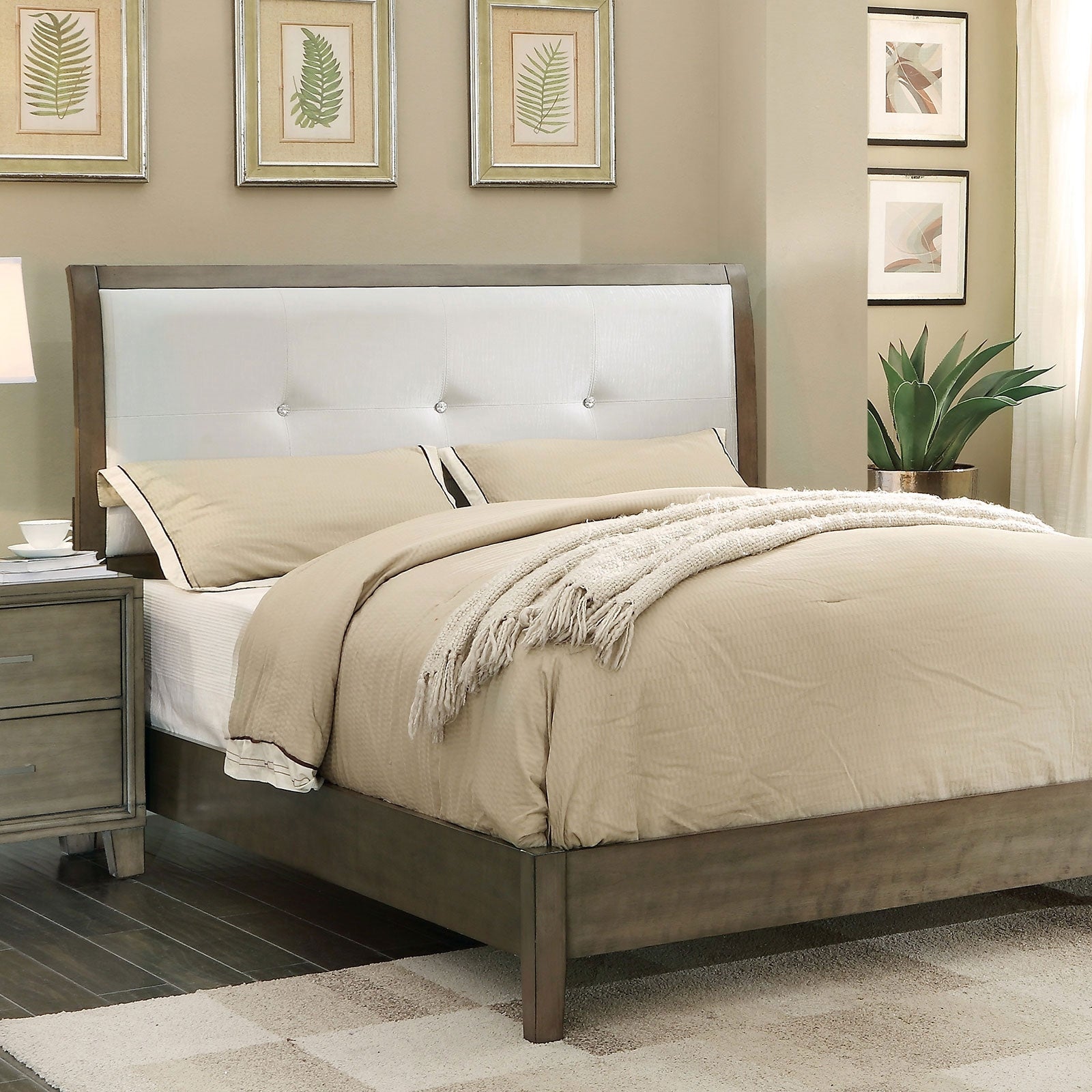 Enrico Weathered Gray Queen Platform Bed w- White Leatherette Headboard