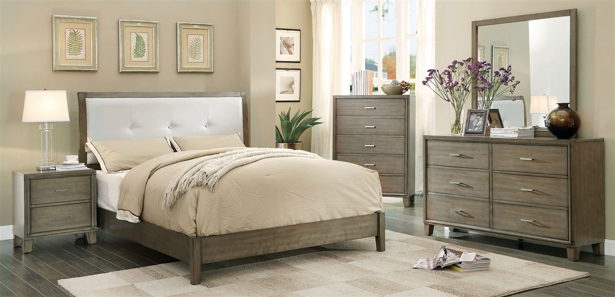 Enrico Weathered Gray Queen Platform Bed w- White Leatherette Headboard