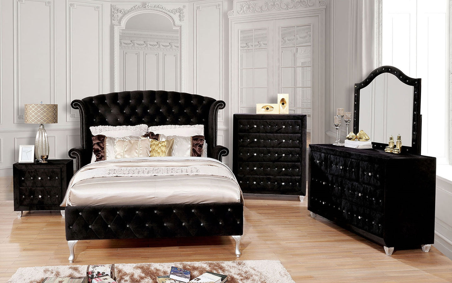 Alzir Glam Style Queen Size Platform Bed in Black