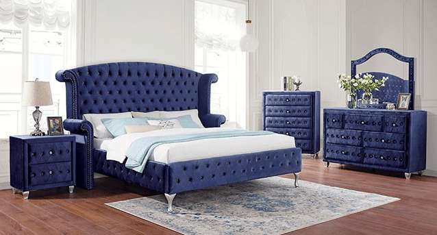 Alzir Glam Style Queen Size Platform Bed in Blue