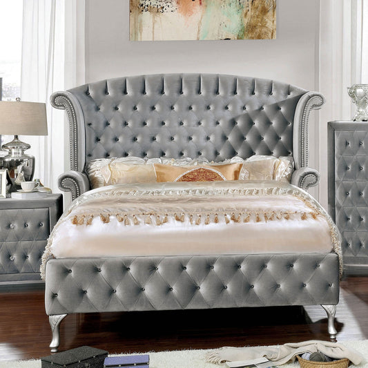 Alzir Glam Style Queen Size Platform Bed in Gray