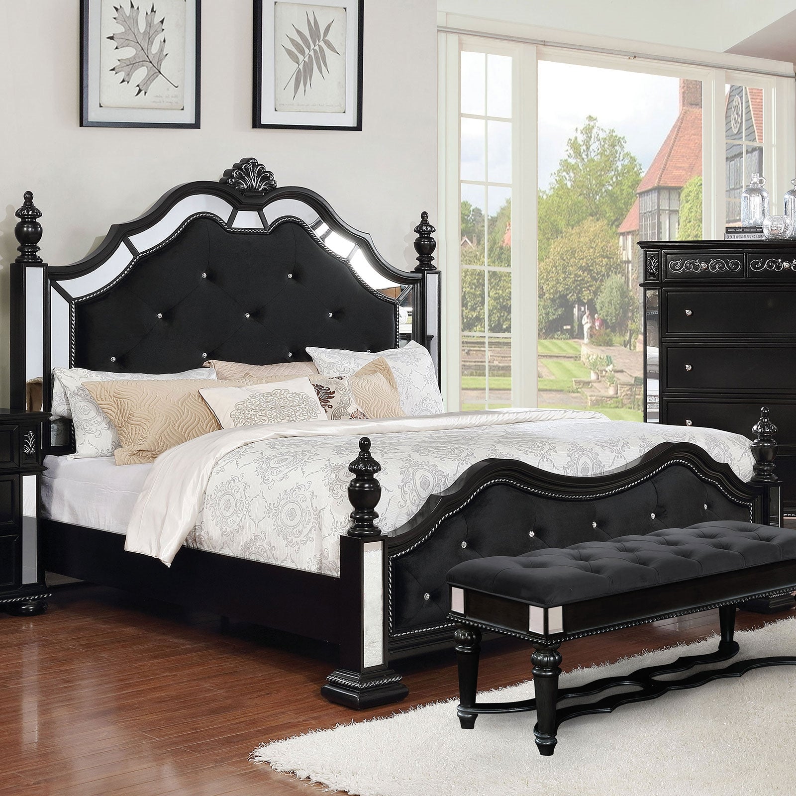 Azha Transtional Glam Style Black King Bed w- Mirror Accents