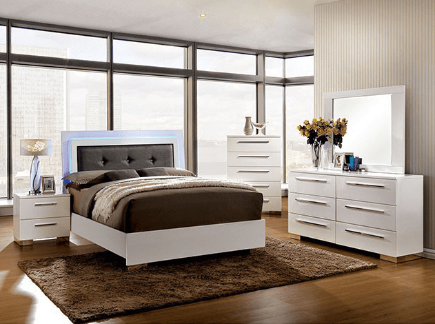 Clementine Glossy White Queen Bed with LED Lighting